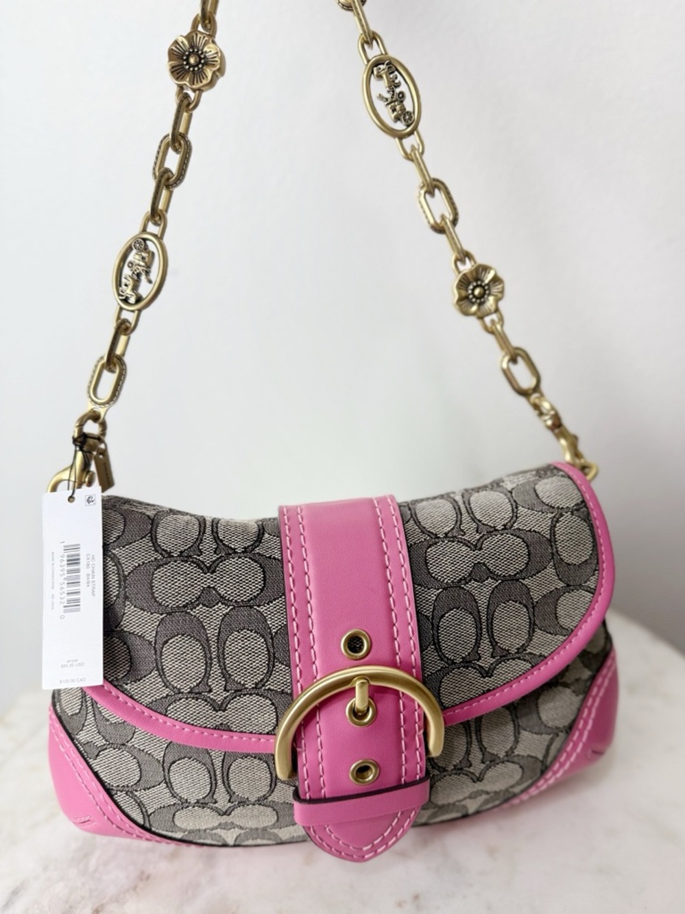 Coach SoHo Flap Bag in Signature Jaquard Pink Leather New CJ814 - Picture 2 of 9